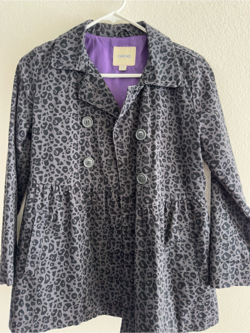 Cherokee Gray Leopard-Print Double-Breasted Pea Coat with Purple Lining